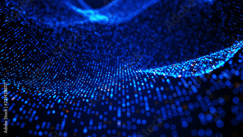 Glowing Data Points Flow Across A Digital Wave And Form An Abstract Technology Network For Big Data, Analytics, Communication And Information Processing, 3d rendering