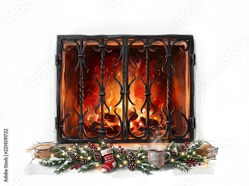 Cozy Winter Scene With Roaring Fireplace and Festive Decorations