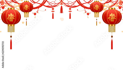 Traditional Chinese new year glowing red hanging paper lanterns with golden auspicious symbols and decorative festive ribbons for lunar celebration copy space template illustration