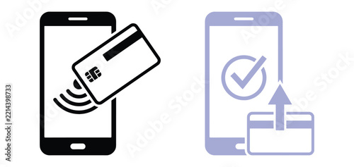 Mobile payment showing a smartphone with a credit card and a checkmark, rendered in black and light purple on a white background