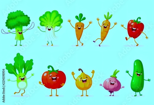 cute running vegetable mascots on background, healthy nutrition concept.