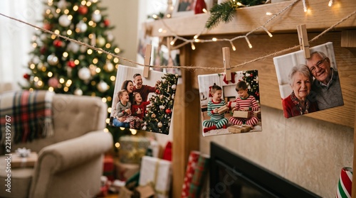 household hanging canvas pictures on string to adorn christmas tree during festive vacation

