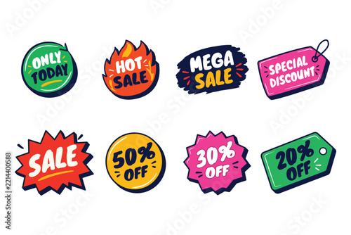 Hand drawn promo sale badge doodle set, hot sale flame sticker and percentage discount labels isolated on white background