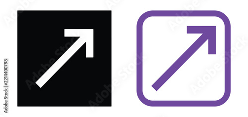 Two square with diagonal arrows pointing upwards to the right, one black with a white arrow, one purple with a purple outline on white