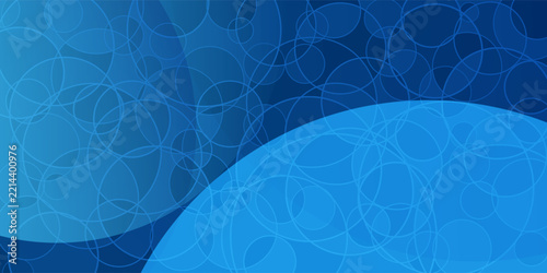 Minimalist abstract geometric gradient design with large dark blue circle shapes, filled with a pattern of small overlaid round outlines. A modern, dynamic composition with curved shapes