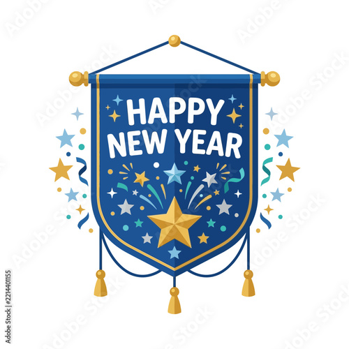 Festive Blue Pennant Banner with Happy New Year Greeting and Golden Stars Illustration