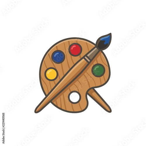 Artistic wooden palette with multi colored paints and paintbrushes for creative hobby and craft