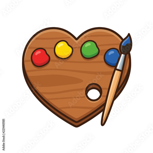 Heart Shaped Wooden Artist Palette with Colorful Paints and Brush Vector Illustration