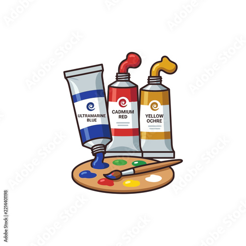 Artistic painting supplies illustration with primary color tubes and wooden palette