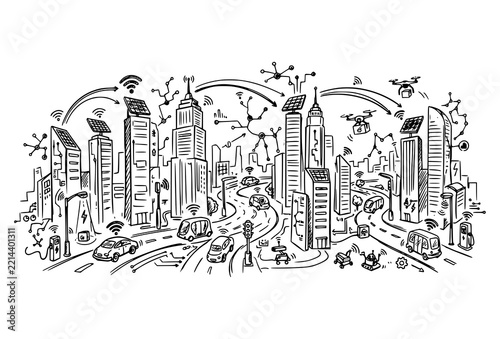 Smart city infrastructure illustration with autonomous vehicles, delivery drones, and wireless connectivity networks on white background