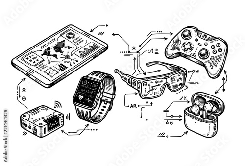 Smart technology gadgets set with tablet, smartwatch, AR glasses, gaming controller, and wireless earbuds in hand-drawn sketch style