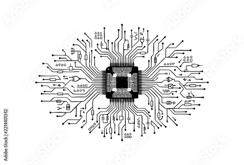 Microprocessor chip with integrated circuit board pathways, black line art illustration on white background for technology and engineering projects