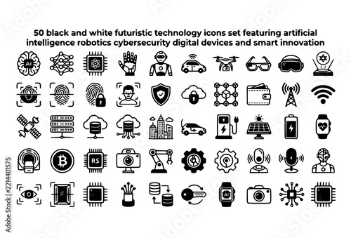 50 Futuristic Technology Icons Set Featuring Artificial Intelligence Robotics Cybersecurity and Smart Innovation Symbols on White Background