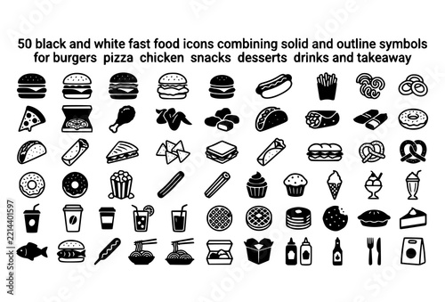 Fast food icon set featuring burgers, pizza, snacks, and drinks in black and white vector style