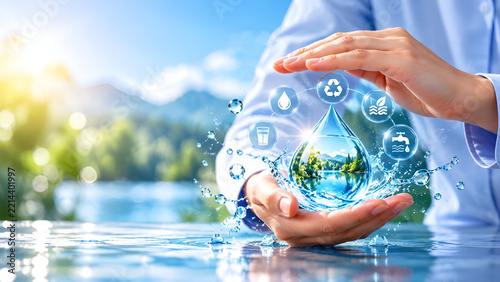 A hand gently cradles a water droplet, symbolizing the importance of water conservation and environmental protection.