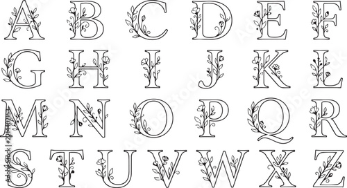 A to Z Botanical Black Outline Alphabet Vector Silhouette