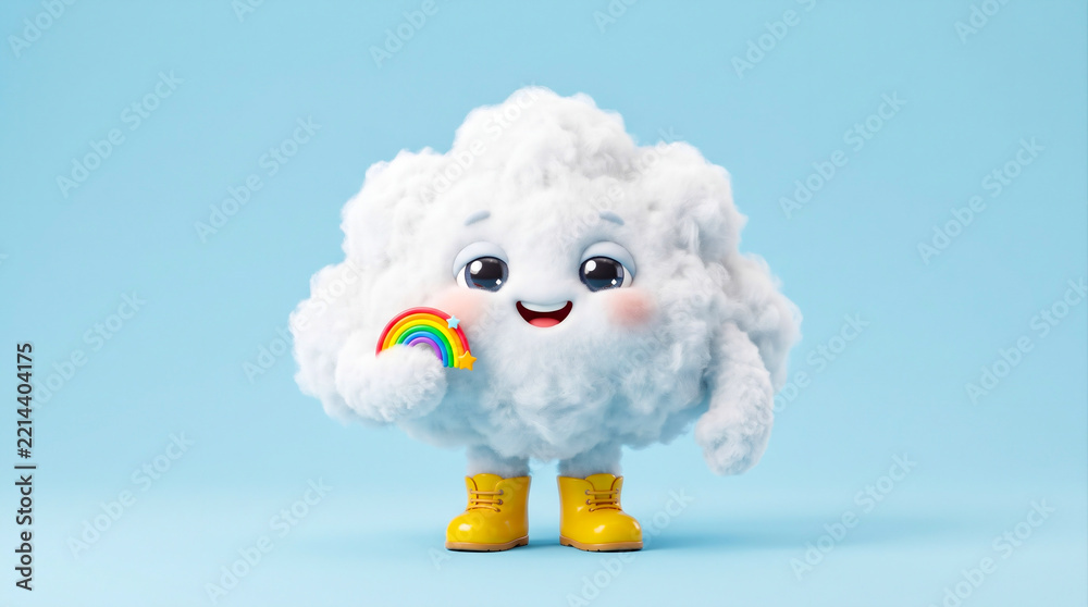 Fototapeta premium Cute Fluffy Cloud Character Holding Rainbow, 3D Illustration