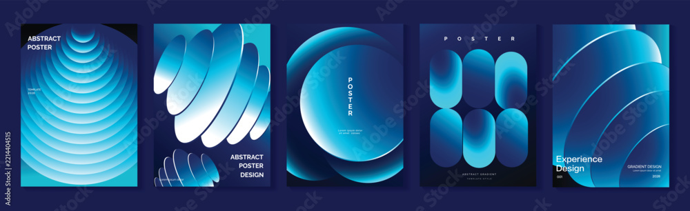 Fototapeta premium Cyan Blue Gradient Vector Poster Collection Featuring Layered Waves, Floating Spheres, Organic Curves, Rounded Shapes, Fine Line Arcs, and Futuristic Abstract Covers