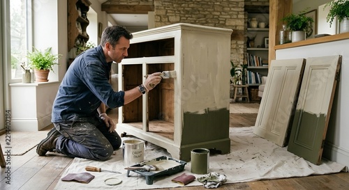 Man painting vintage wooden cabinet with cream paint at home