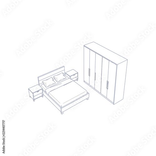 Isometric bedroom furniture set with a double bed, pillows, bedside tables and wardrobe, minimalist outline drawing isolated on white background for interior design and room layout planning.