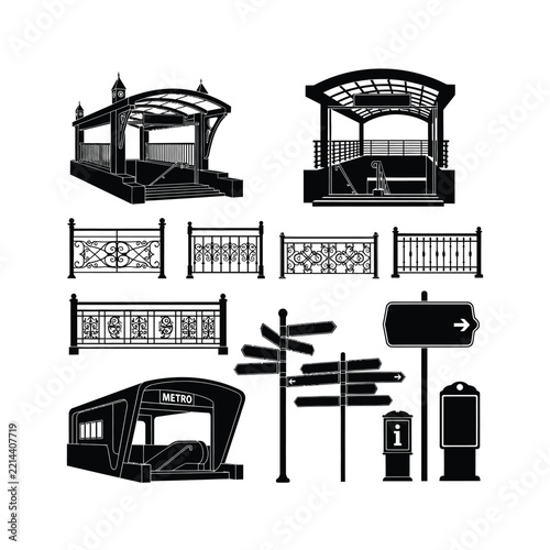 Urban street furniture silhouette set with bus shelters, ornate fences, directional signposts and litter bins, isolated on white background for city planning and public outdoor space design.
