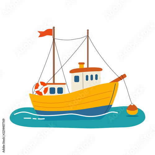 Flat Cartoon Fishing Boat on Water with Buoy and Flag Illustration