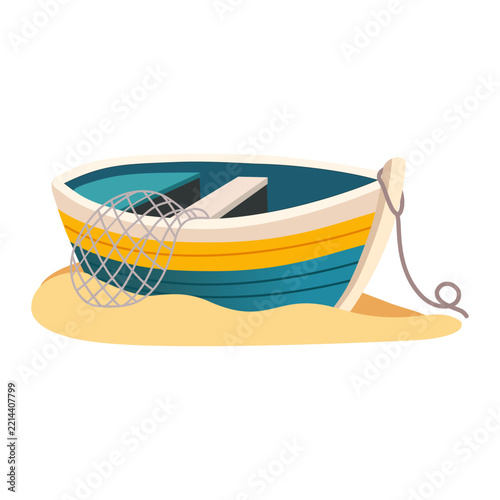 Flat Cartoon Fishing Boat with Net and Oar on Sandy Beach