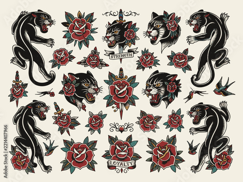 Traditional Tattoo Flash Sheet with Black Panther Roaring Head Dagger Rose and Swallow Bird Vector Illustration Set