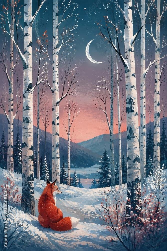Fototapeta premium Red fox watching a crescent moon over a snowy birch forest