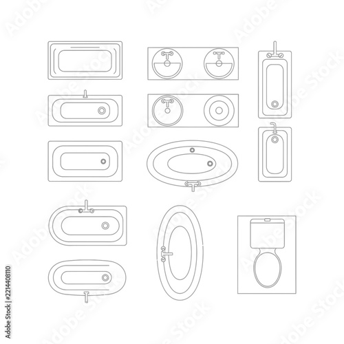 Bathroom sanitary fixtures outline icon set featuring sinks, washbasins, basins and toilet in top view, minimalist architectural floor plan plumbing symbols isolated on pure white background