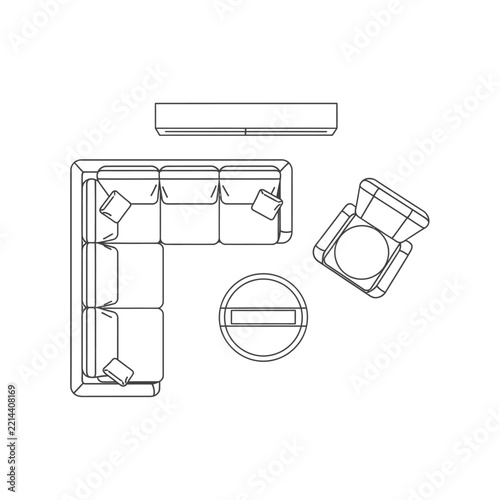 Top View Furniture Floor Plan with an L-Shaped Sectional Sofa, Armchair and Round Coffee Table on a White Background