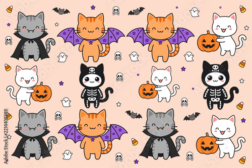 Cute Kawaii Halloween Cats Seamless Pattern with Kitten in Vampire Bat and Skeleton Costumes Holding Pumpkin for Commercial Holiday Background