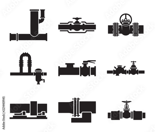 Industrial plumbing pipe icons, black silhouette water valve and pipeline set, 9 engineering plumbing vector elements for technical diagrams