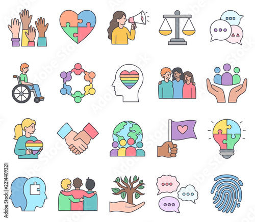 Inclusion diversity set featuring equality accessibility community acceptance representation unity justice advocacy dialogue friendship empathy tolerance individuality identity cooperation support
