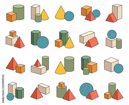 Geometry figure set featuring cube cuboid cylinder cone sphere pyramid prism hexagon shapes edges faces vertices bases surfaces volumes mathematics