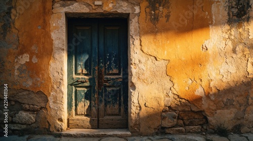 Old weathered blue wooden door in rustic yellow wall. Ancient entrance with peeling paint, cracked plaster. Vintage mediterranean architecture shows aged texture, sun light. Timeless rustic facade