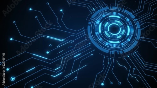 A futuristic video showcasing a blue circuit board design with neon lights