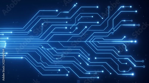 A futuristic video showcasing a complex circuit board design in a dark background