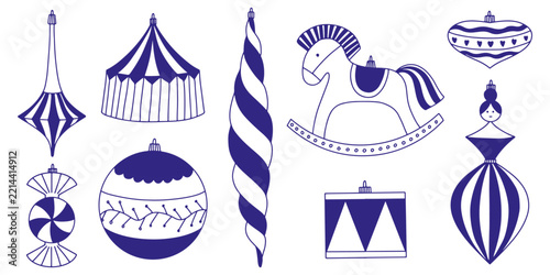 Vintage Christmas Ornaments set in doodle style. Vintage Christmas ornaments vector set featuring decorative baubles, rocking horse, candy ornament, carousel