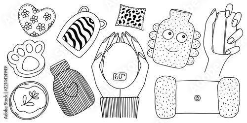 Winter Hand Warmers Doodle Vector Set. Winter hand warmers doodle vector set featuring reusable warmers, heating pads, mittens, hot water bottle, gloves