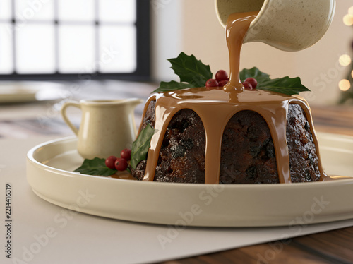 Traditional Christmas pudding with caramel sauce being poured over the top beside holly and berries