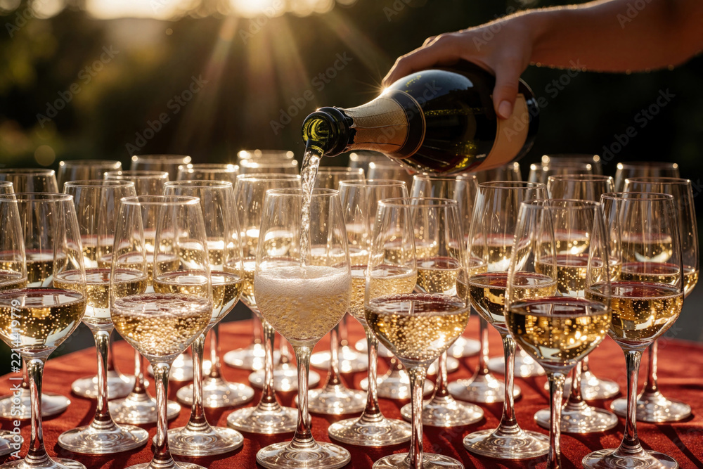 Naklejka premium Woman hand pours sparkling champagne from bottle into many wine glasses. Luxury celebration setup for wedding big party at sunset. Bubbles rise in glasses on red tablecloth. Elegant outdoor event