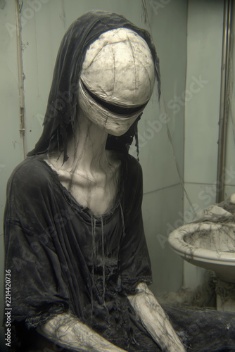 horror art, humanlike creature with cracked featureless oval mask and long dark hair sitting beside dirty sink, photorealistic