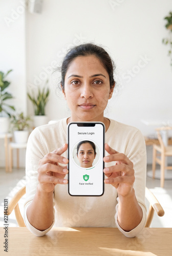 Indian woman holding smartphone displaying face recognition screen  