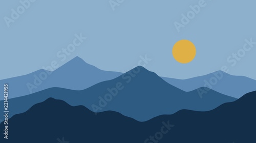 Yellow Sun Over Blue Mountain Layers in a Simple Flat Landscape Scene