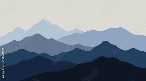 Dark Navy to Pale Blue Mountain Silhouettes Under a Warm Gray Sky