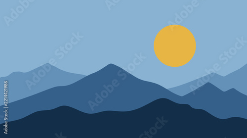 Big Golden Sun Rising Behind Blue Mountains, Minimal Flat Morning Landscape