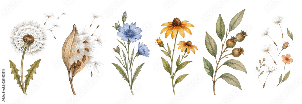 Naklejka premium PNG Watercolor botanical collection of wildflowers, leaves and seeds