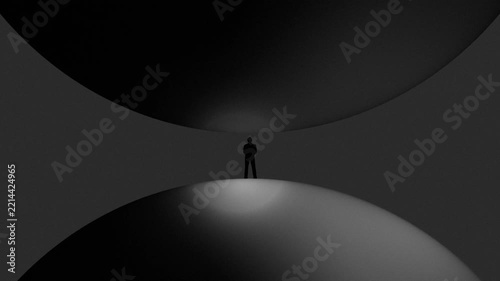 Abstract cinematic black and white scene featuring a tiny human silhouette standing between two massive curved dome forms