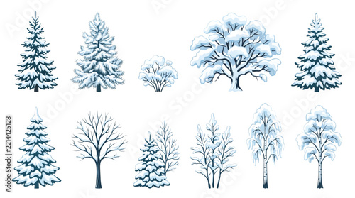 Snowy Winter Trees and Pine Collection Isolated Vector Set on White Background